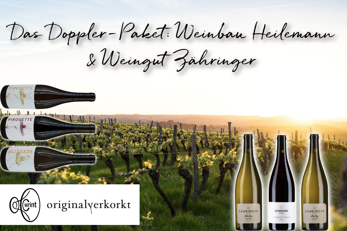 Aufmacher mit Logos, Weinlandschaft im Hintergrund und allen sechs Flaschen der März- und Aprilsendung.
