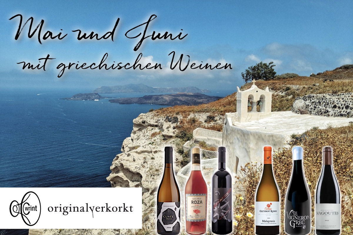 Sendungstitel mit griechischer Insel und Kapelle im Hintergrund, sechs Flaschen im Vordergrund sowie Logos
