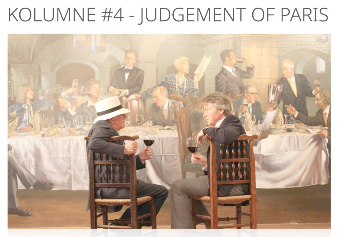 Kolumnen-Teaser mit Bild von Steven Spurrier vor einem Wandgemälde, dass das Judgment of Paris abbildet
