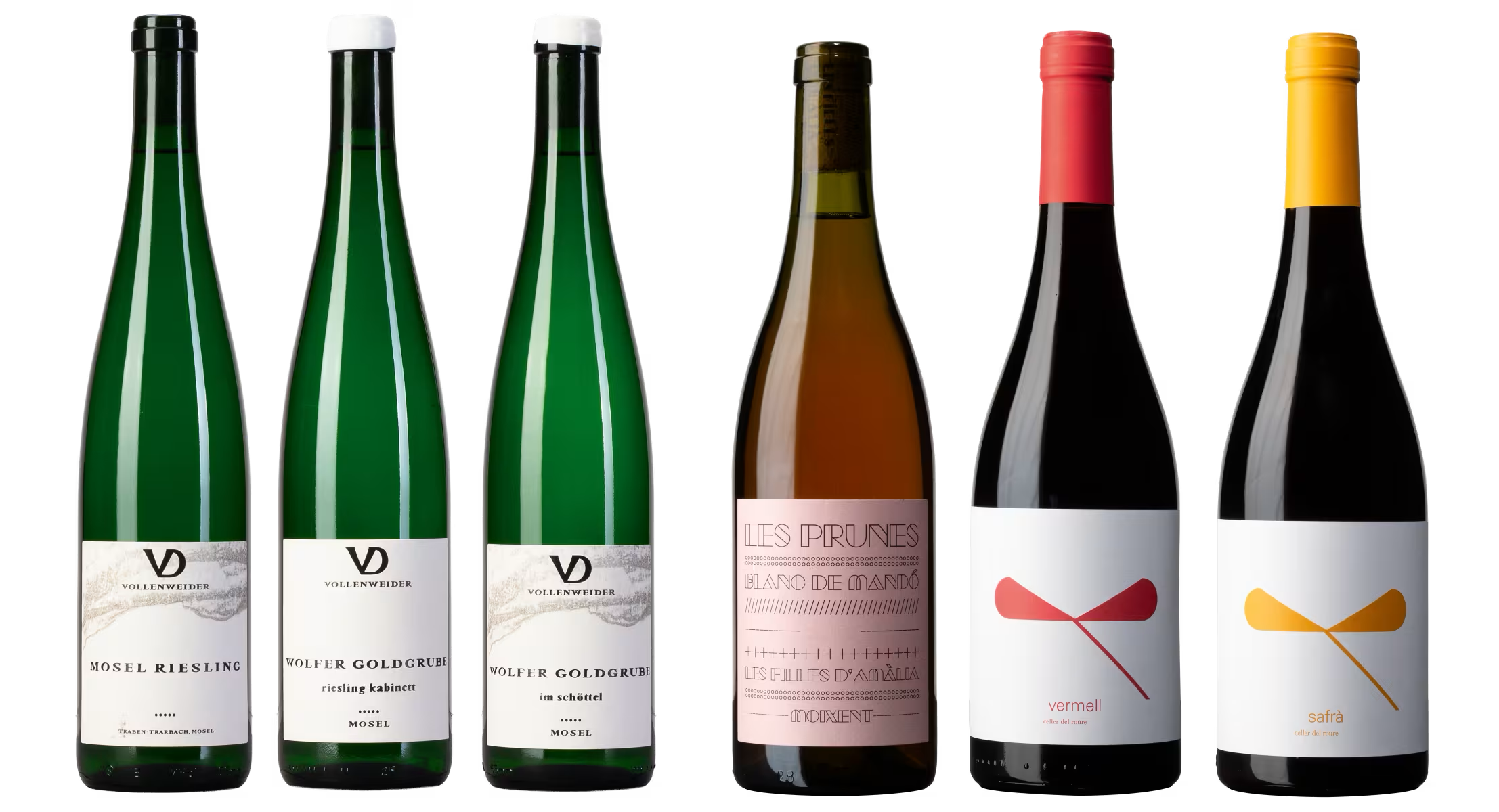 alle sechs Flaschen nebeneinander