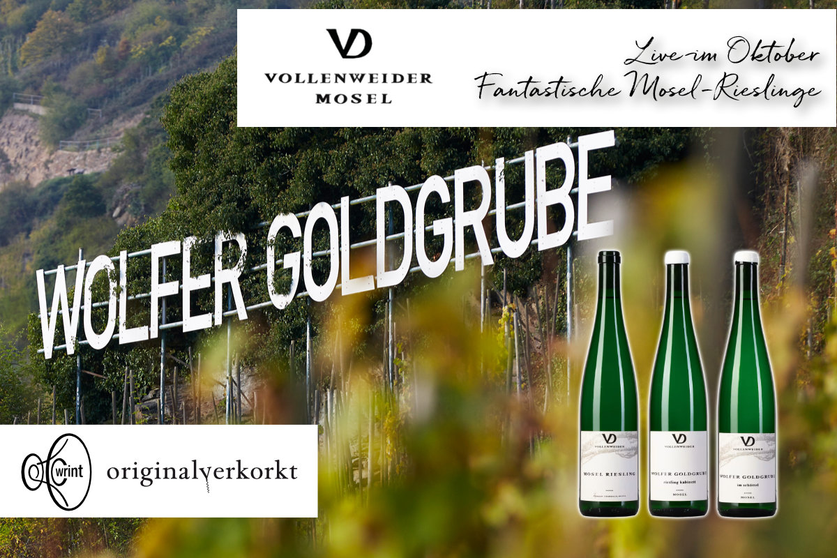 Ankündigung, Wolfer Goldgrube im Hintergrund, dazu die Logos und die drei Rieslinge